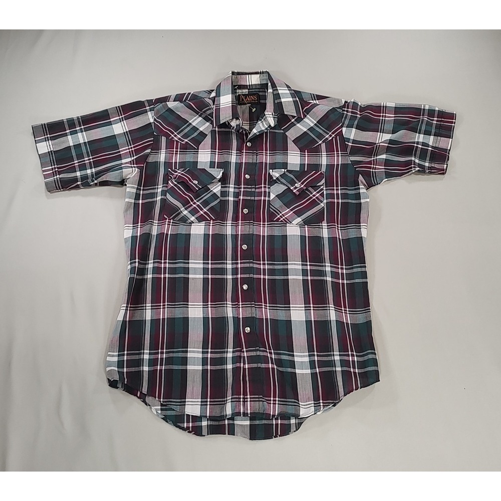 Plains Western Wear Mens Pearl Snap Plaid Shirt Burgundy Blue Short Sleeve Small